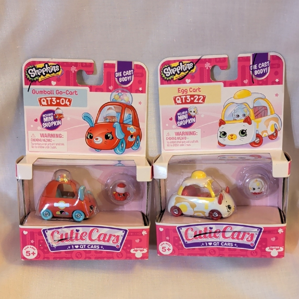 2 Shopkins Cutie Cars - Red Gumball Go-Cart & White Egg Cart